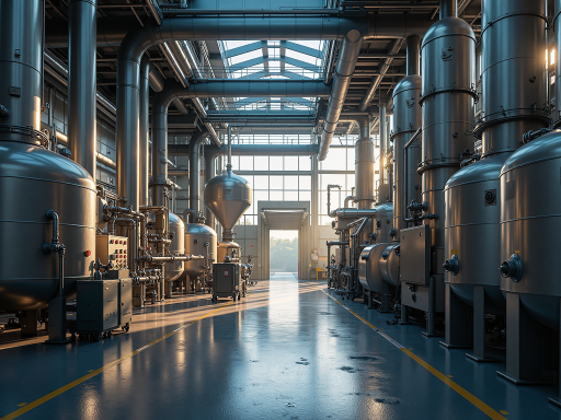 现代化工厂外景,蓝色屋顶工业建筑,阳光明媚天气,绿色植被环绕,干净整洁环境