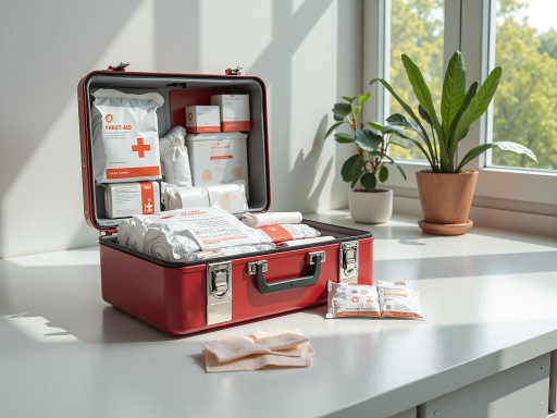 红色急救医疗包,拉链开口,内置多种医疗用品,白色背景