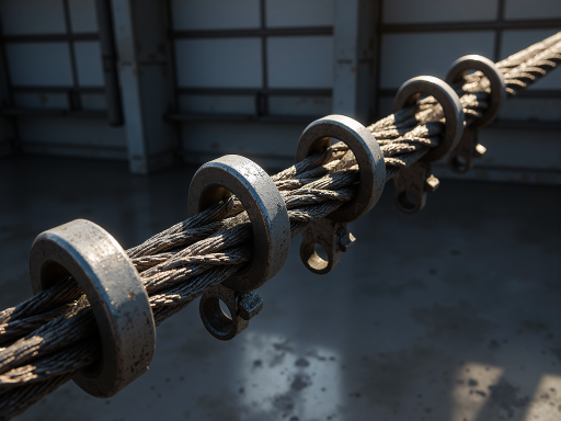 银色金属生命线系统组件,多个连接件和锚固点,工业背景