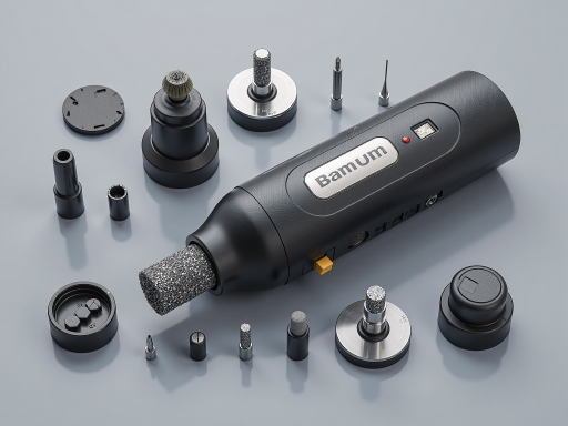 专业电动工具套装,包含电钻、角磨机等,黑色塑料收纳箱,白色背景